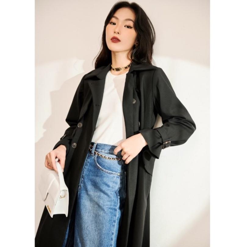 Áo khoác trench coat dáng dài chuẩn form, chất liệu dày dặn, màu đen