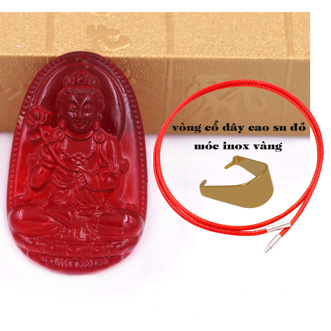 Mặt Phật Đại thế chí pha lê đỏ 3.6 cm kèm móc và vòng cổ dây cao su đỏ, Mặt Phật bản mệnh