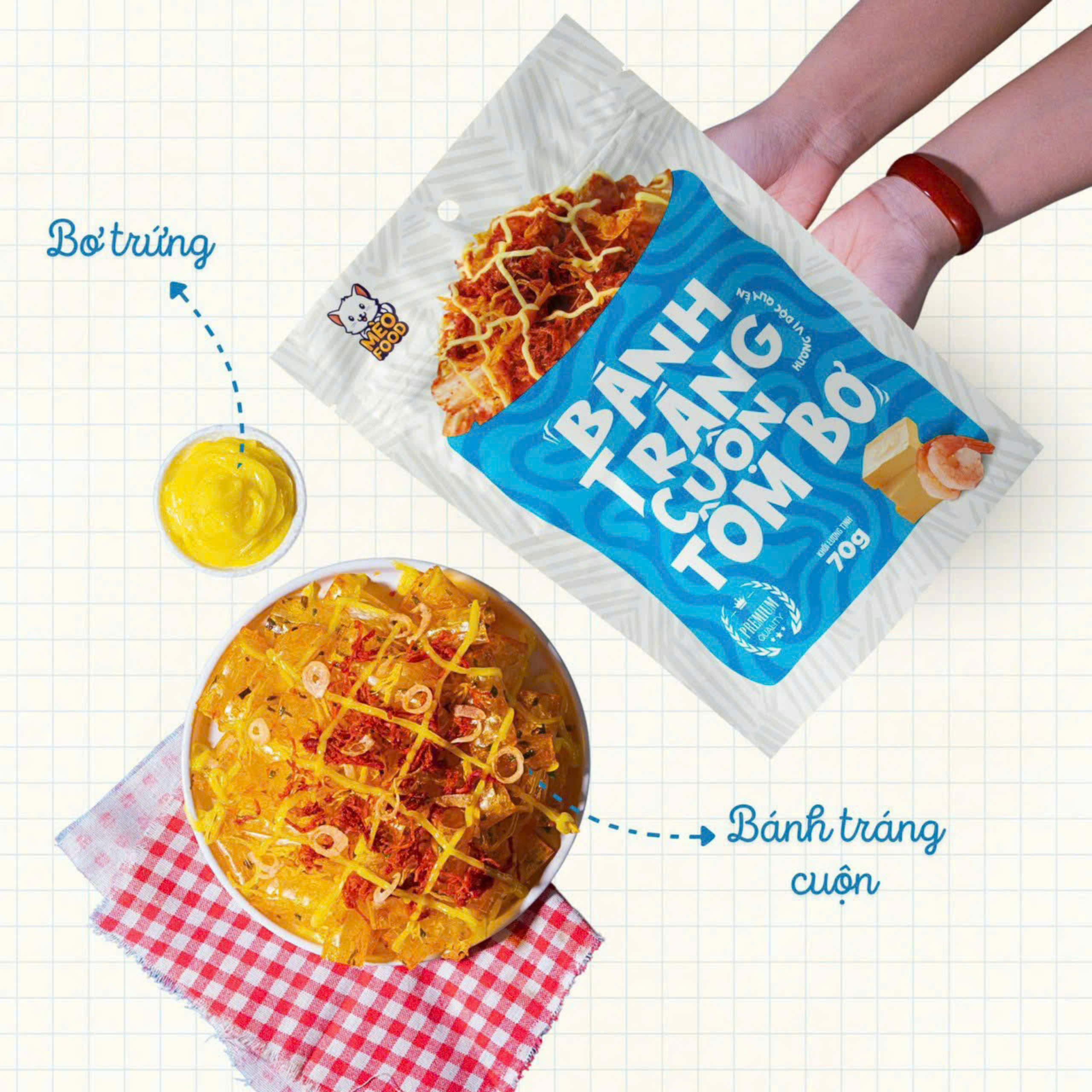 Bánh tráng trộn tỏi bò -Cuộn tôm bơ - Hoàng kim /Mèo food 70G
