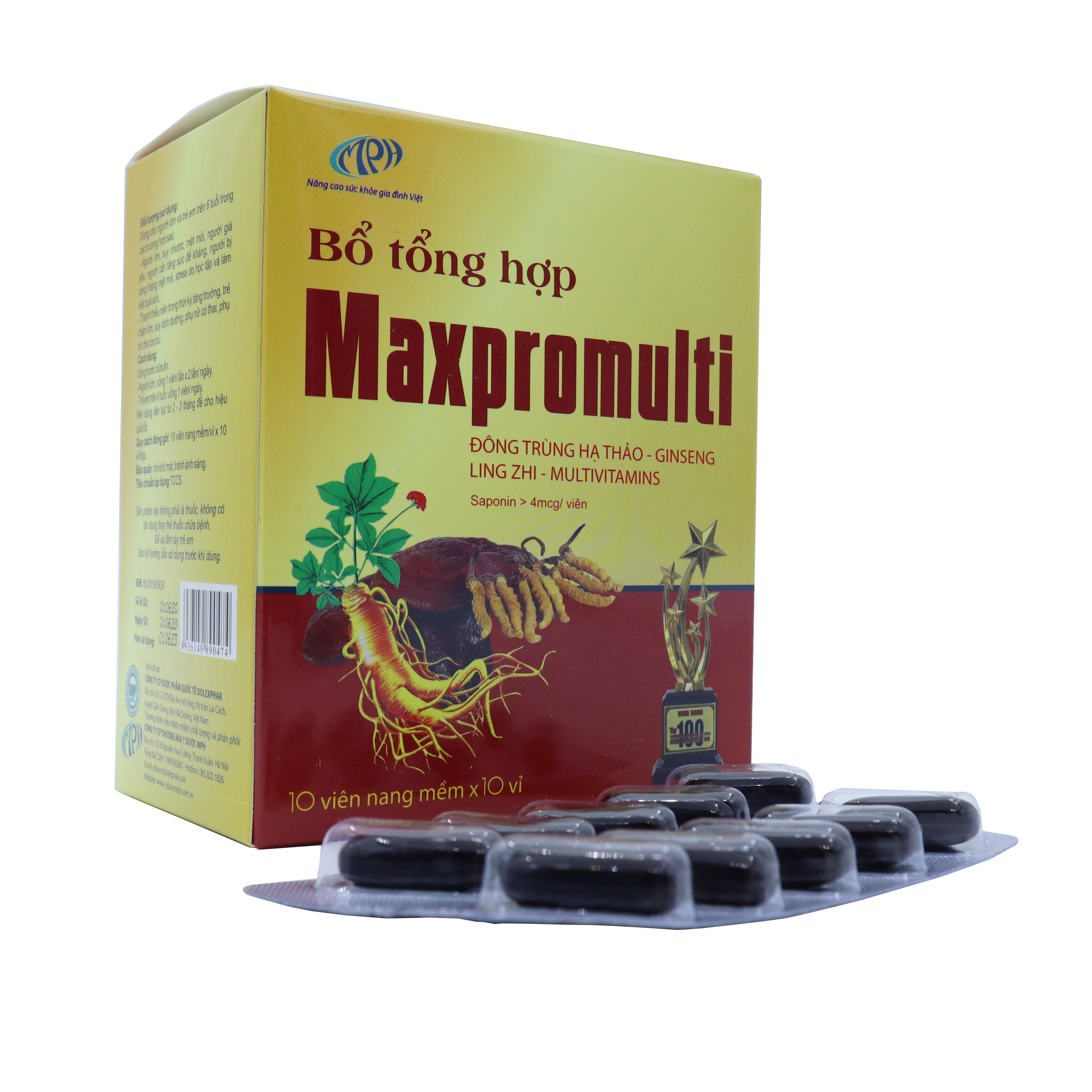 Viên bổ tổng hợp MAXPROMULTI, gồm Đông Trùng Hạ Thảo, Linh Chi, Nhân Sâm, Nhung Hươu - Bồi bổ và tăng cường sức khỏe. SP Chính hãng, đạt chuẩn GMP - WHO. Hộp 100 viên.