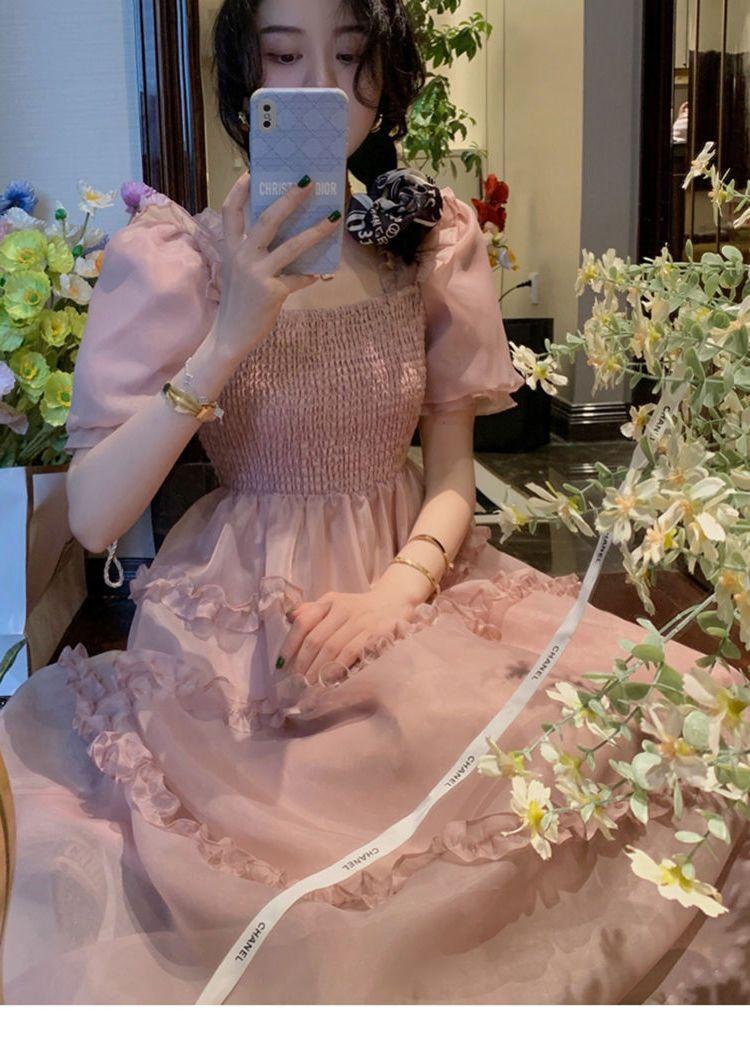TOBE1SHOP Váy màu hồng nàng tiên Pháp ren Bouffant váy công chúa váy bánh váy lưới nàng tiên thắt lưng đầm