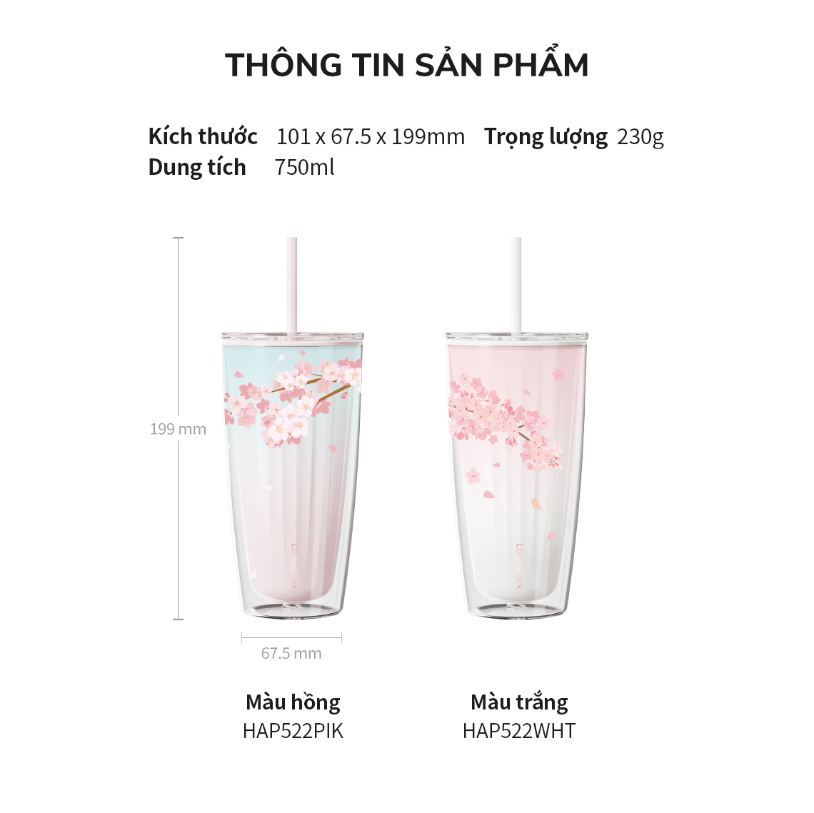 Ly nhựa 2 lớp Cherry Blossom Double wall Cold Cup LocknLock HAP522 - Kèm ống hút - Dung tích 750ml