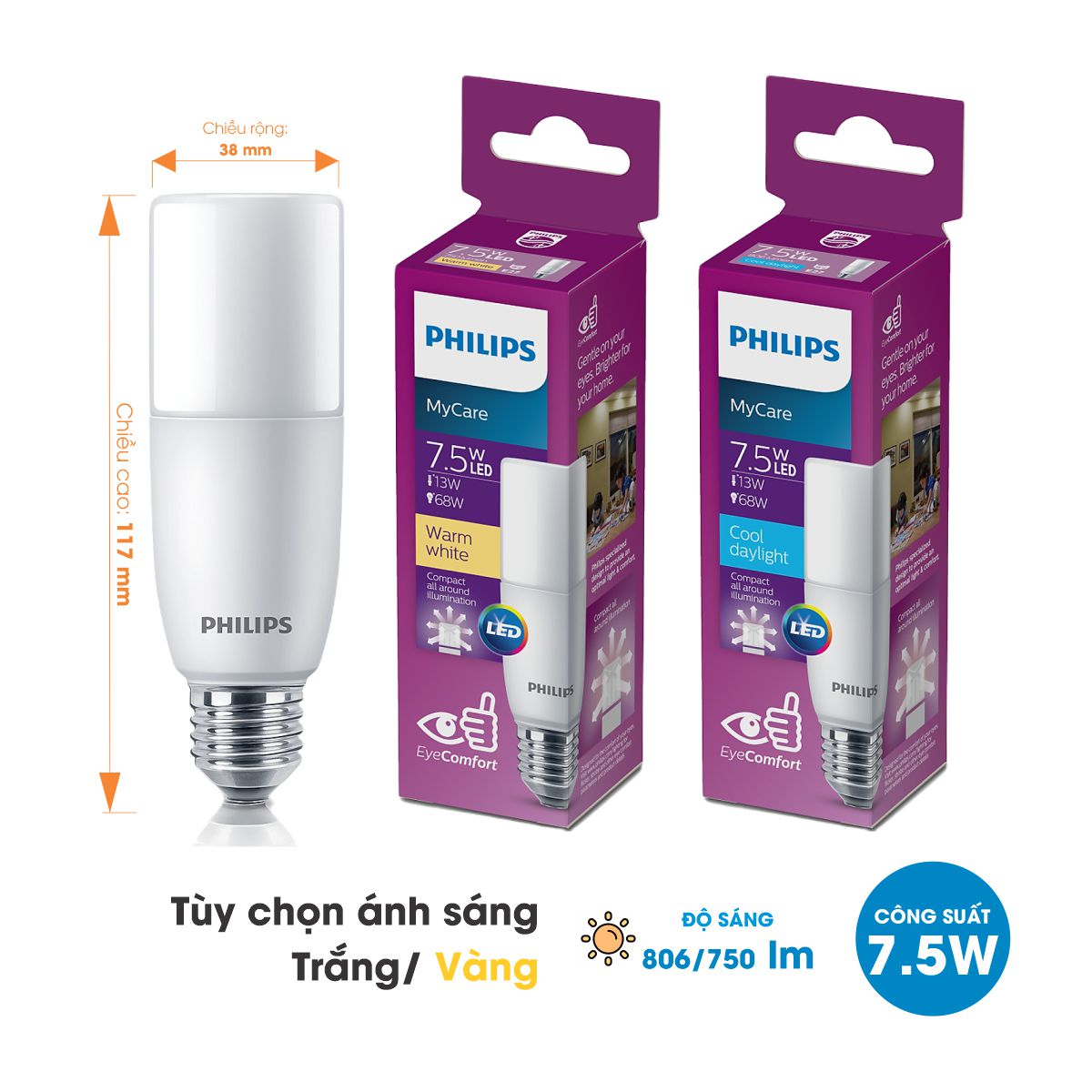 Bóng đèn LED Stick PHILIPS E27 - Kích thước nhỏ gọn, Thay thế hoàn hảo cho bóng đèn Compact - Hàng Chính Hãng