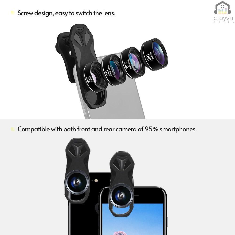 Bộ ống kính máy ảnh điện thoại 4 trong 1 180 Fisheye góc rộng 120x 2.0X kèm túi đựng bằng vải EVA
