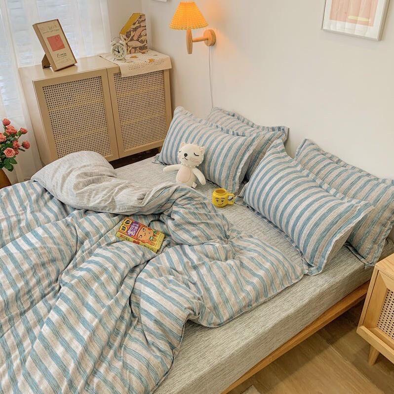 Bộ chăn ga gối , coton poly họa tiết kẻ ô vuông đủ size miễn phí bo chun