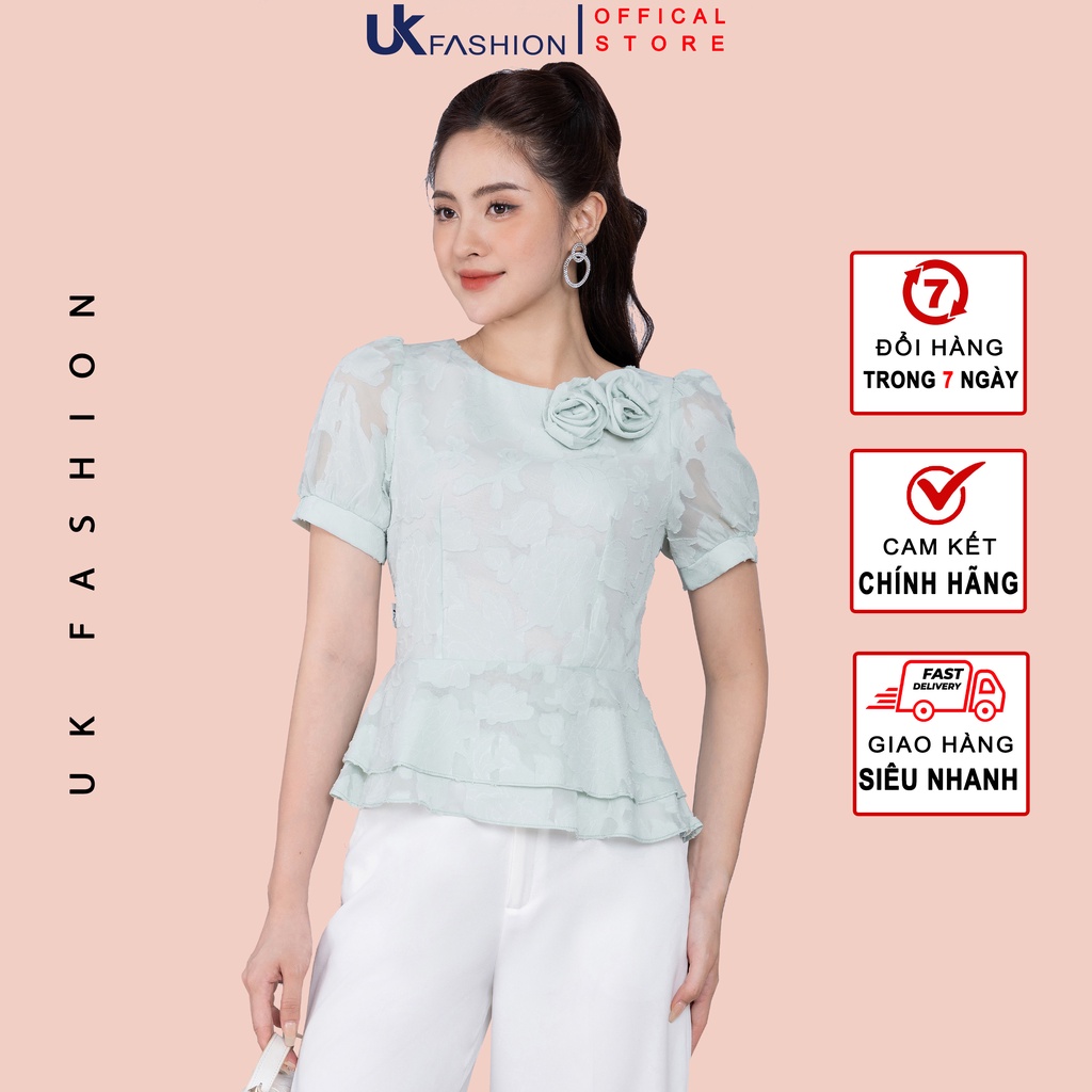 Áo Sơ Mi Nữ UK Fashion Dáng Peplum Cổ Tròn Che Bụng, Thiết Kế Đính Hoa, Chất Liệu Nhập Hàn Cao Cấp NKSM2205007