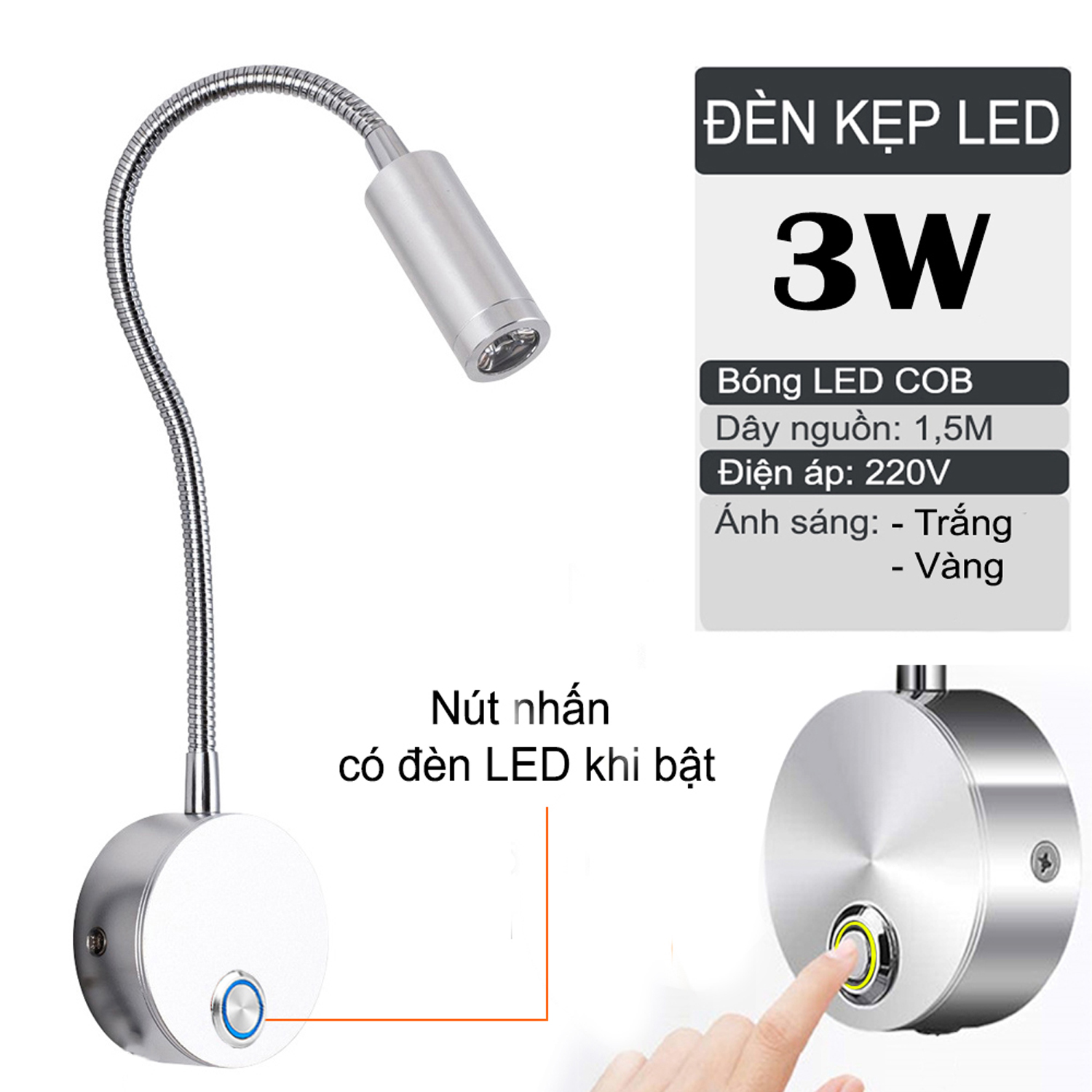 Đèn đọc sách đầu giường LED 3W, Loại gắn tường, Ánh sáng chiếu rọi điểm