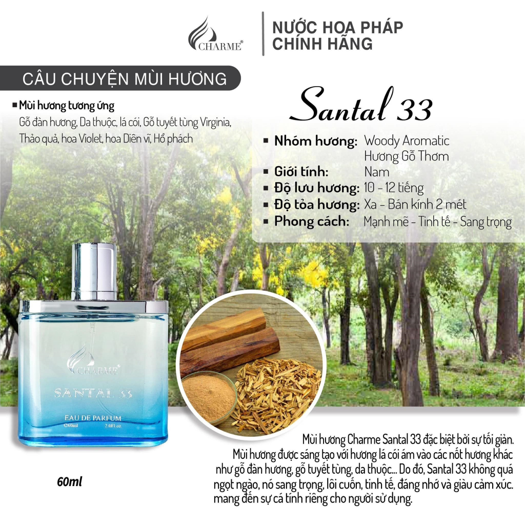 Nước Hoa Nam Charme Santal 33 Mùi Hương Nam Tính, Mạnh Mẽ, Đầy Sang Trọng Mang Đến Cá Tính Riêng 60ml