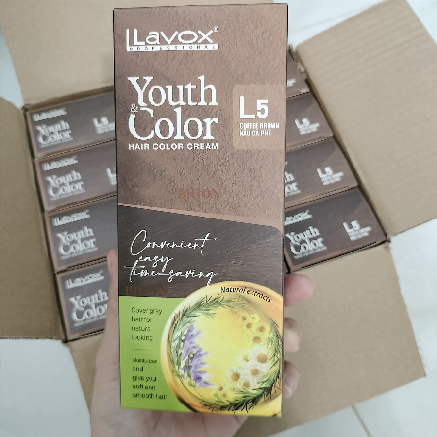 Nâu Cà Phê(Nâu Sáng L5) - Kem Nhuộm Dưỡng Tóc Phủ Bạc Lavox Youth&Color L5 - Màu Nâu Cà Phê (Mẫu Cũ Nâu Sáng)