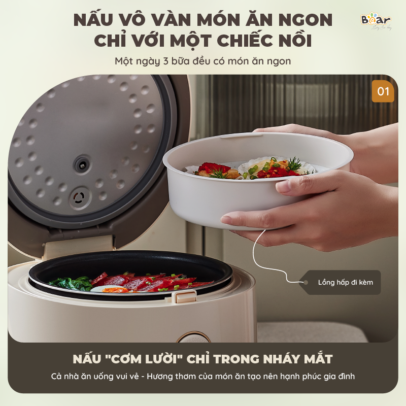 Nồi Cơm Điện Tử Bear 3L Lòng Nồi 5 Lớp Đa Năng Nấu Cơm Nấu Cháo Hầm Hấp Hâm Nóng Hẹn Giờ Lên Đến 12 Tiếng SB-NC30A - HÀNG CHÍNH HÃNG