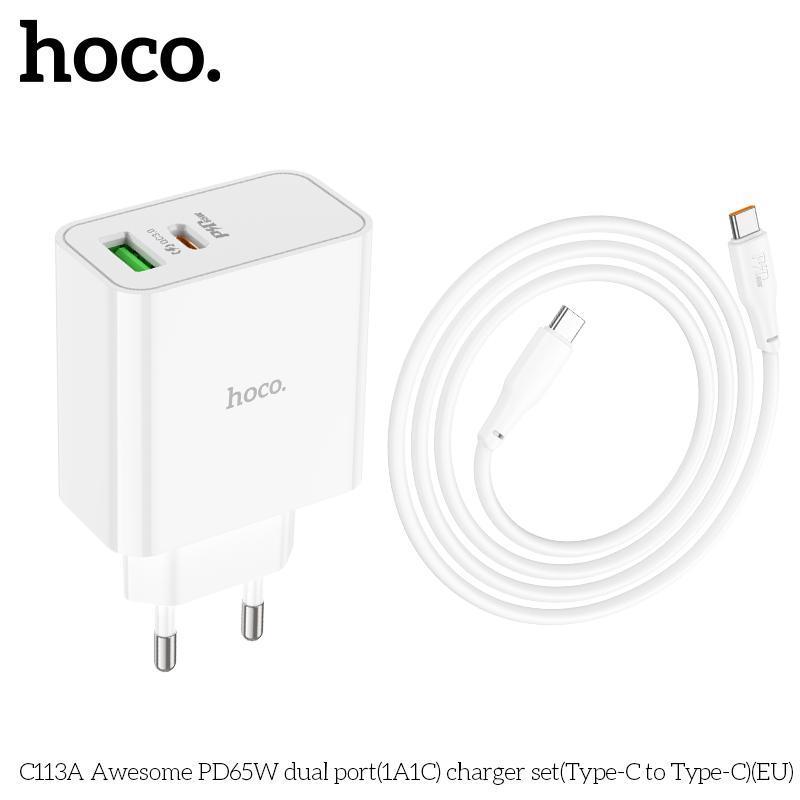 Bộ sạc 2 cổng 65W Hoco C113A (1 Type C + 1 USB), củ sạc kèm dây, sạc được cho laptop Type C chống cháy hàng chính hãng Mall Kem Phụ Kiện