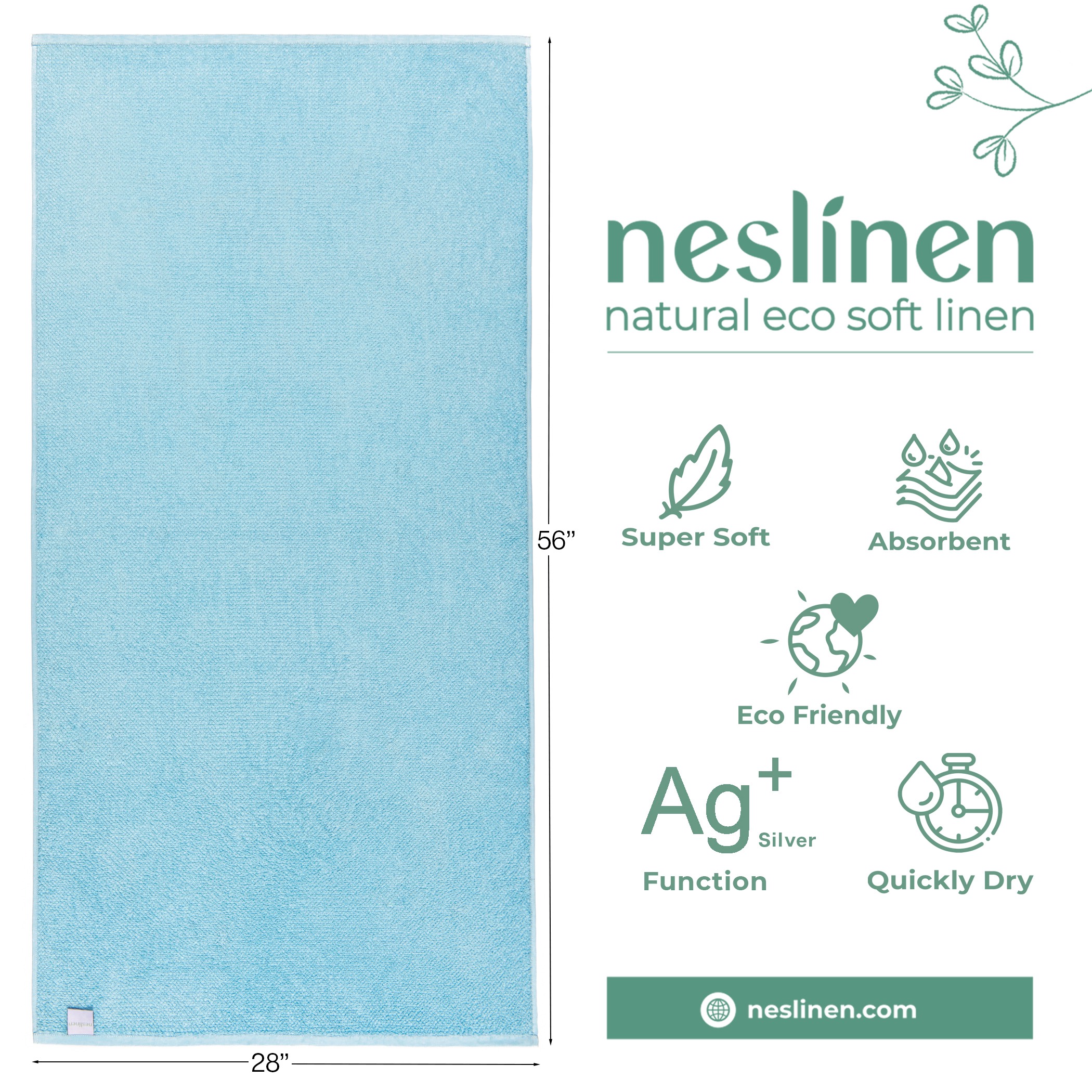 Hộp 2 Khăn Tắm Bạc Kháng Khuẩn Neslinen, 100% Cotton Mềm Mại, Siêu Thấm Hút; Xuất US/Canada; Size 71*142cm, 550Gram/ cái