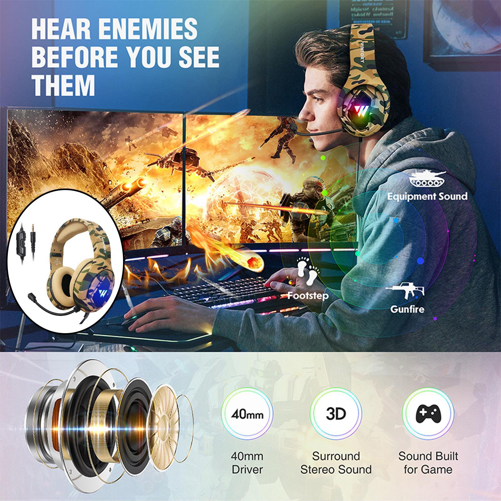 RGB Gaming Headset w/Mic RGB LED Headphones Stereo Bass Desert