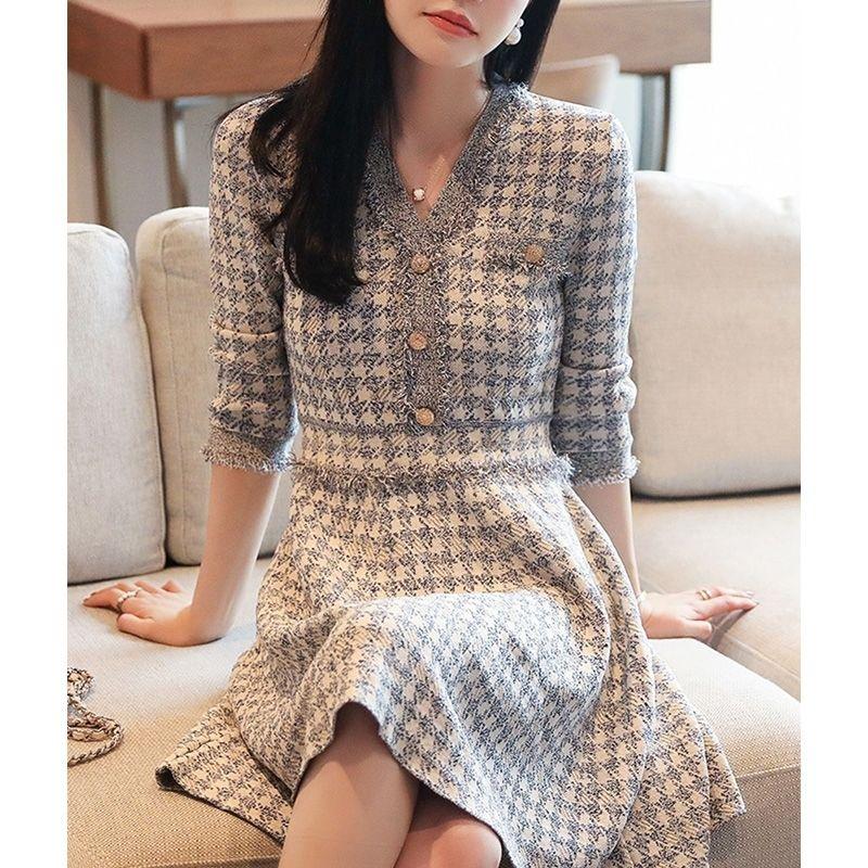 Đầm Dài Tay Cổ Chữ V Họa Tiết Houndstooth Thời Trang Mùa Thu 2022 Sang Trọng Cho Nữ