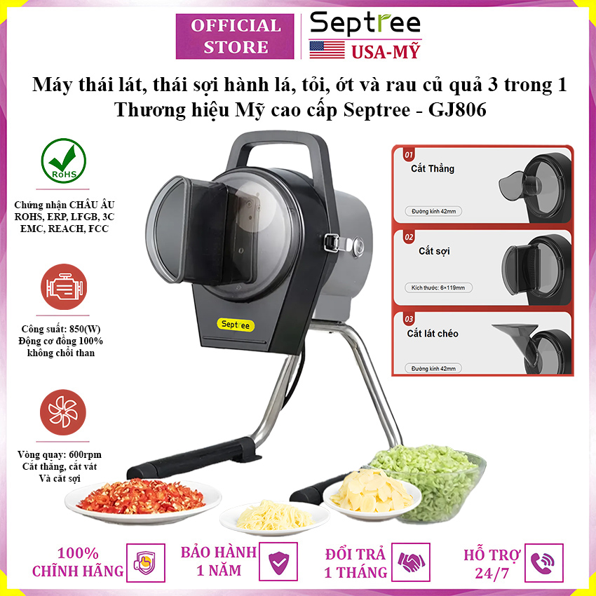 Máy thái lát, thái sợi hành lá, tỏi, ớt và rau củ quả dùng cho quán ăn, nhà hàng thương hiệu Mỹ cao cấp Septree GJ806 công suất 850W - Hàng nhập khẩu