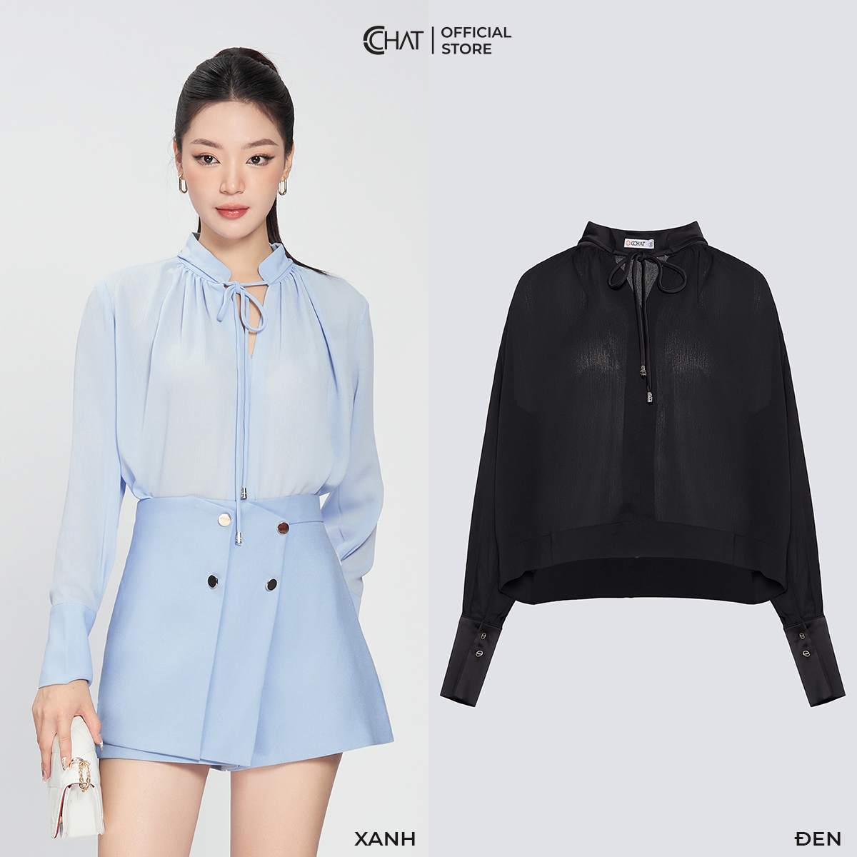Áo Kiểu Nữ CCHAT Cổ Trụ V Dáng Suông Babydoll Chất Voan Cao Cấp Mềm Nhẹ 53ADV8002ST