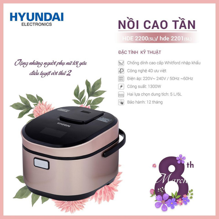 Nồi Cơm Điện Cao Tần Điện Tử Quai Xách HYUNDAI 2201G Dung Tích