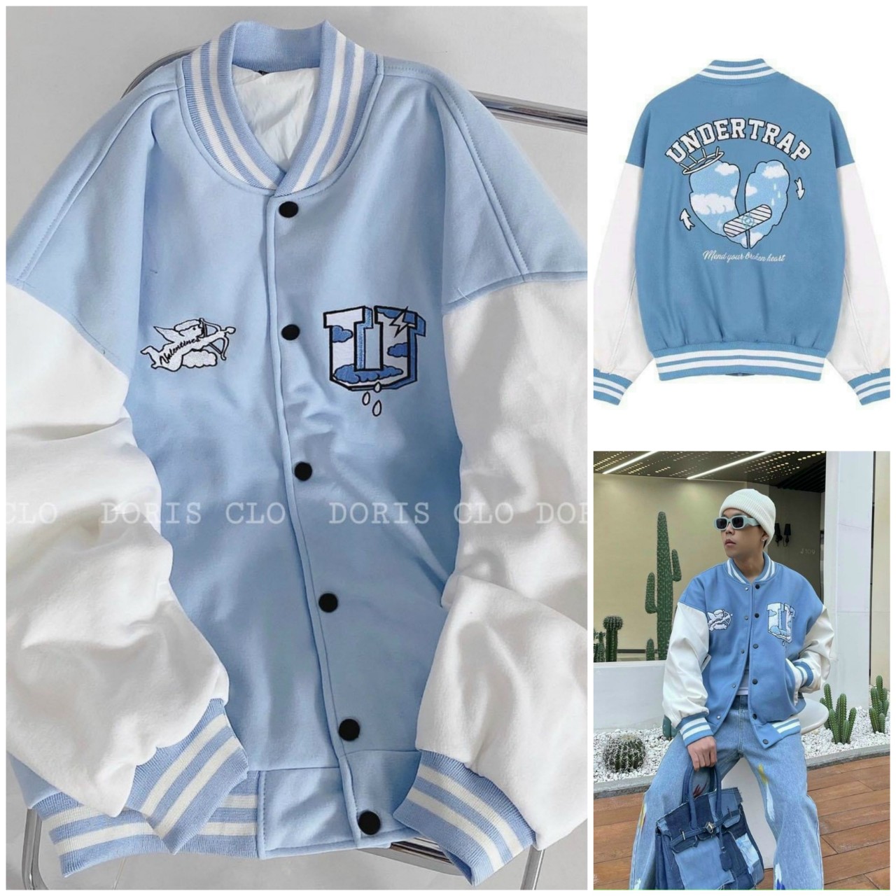 Áo Khoác Cardigan Bomber Nỉ Chữ UNDERTRAP Hình Thiên Thần Xanh Siêu Xinh  - Form Rộng Unisex