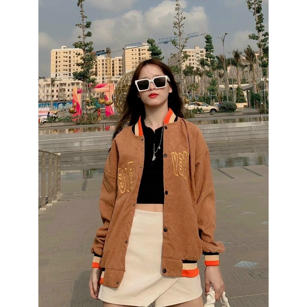 Áo Khoác Nhung Kiểu Bomber Logo in Freesize Form Bự Dưới 70kg