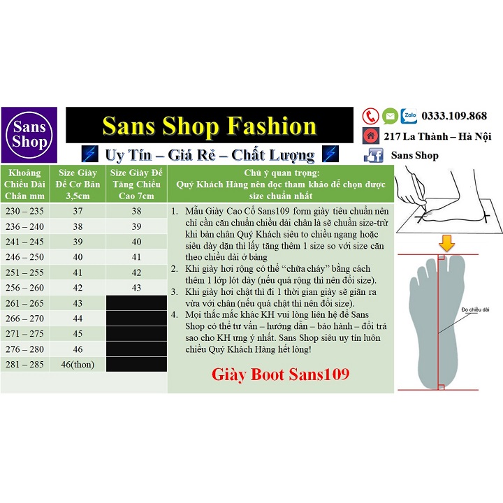 Giày boot nam nữ unisex couple cặp đôi Sans109 bốt cao cổ tăng chiều cao 7cm size 37 38 39 40 41 42 43 bigsize 44 45 46