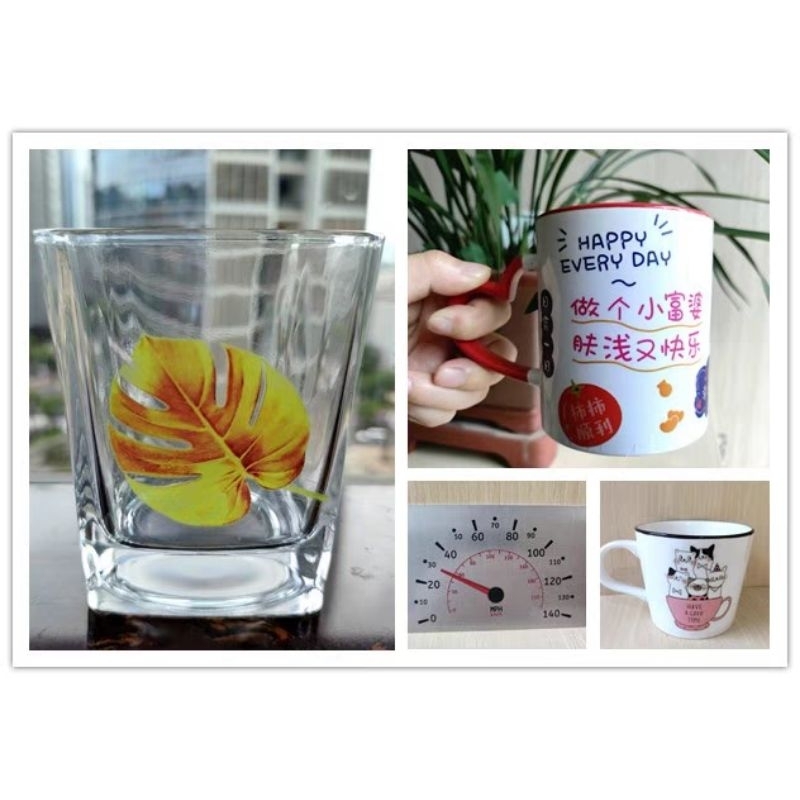Set 5 trang A4 Giấy in chuyển nhiệt trượt nước lên ly, cốc sứ thủy tinh, nhựa, in bằng mực nước Waterslide decal.