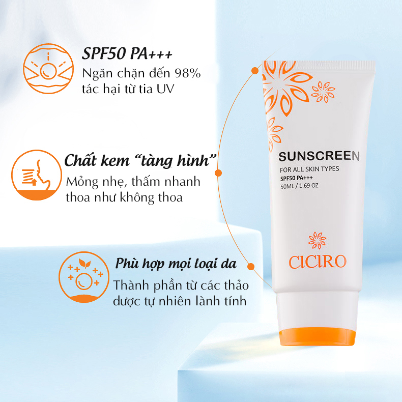 Kem Chống Nắng Dưỡng Trắng CICIRO Dành Cho Mọi Loại Da SPF50 PA+++ 50ml Tặng băng đô rửa mặt JSKCN26