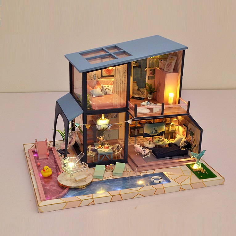 Mô hình nhà DIY Doll House Swimming Pool Duck Holiday Villa Kèm Mica Chống bụi