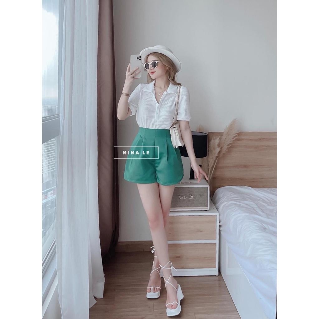 Bộ đồ nữ sang chảnh Set áo phông trắng cổ bẻ polo mix quần short ống rộng tacta xanh ngọc thời trang