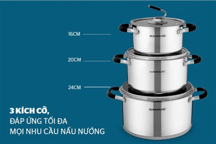 Bộ 3 Nồi Inox 5 Đáy Vung Kính Bếp Từ Sunhouse SH891