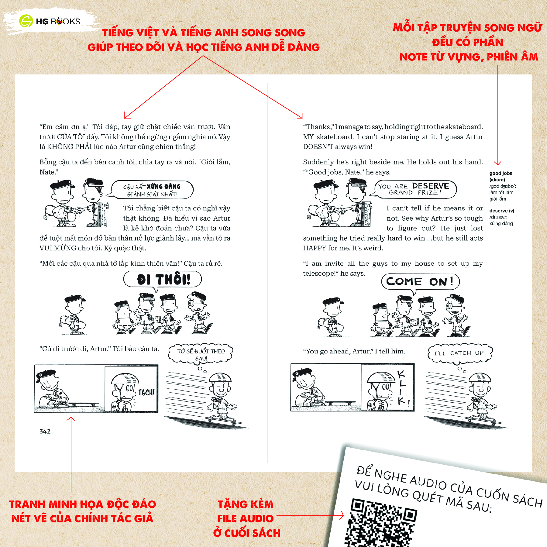 Sách Song Ngữ Việt - Anh: Big Nate – Combo 3 cuốn sách Thiếu Nhi Truyện Tranh Cho Trẻ Kèm File Audio và Note Từ Vựng