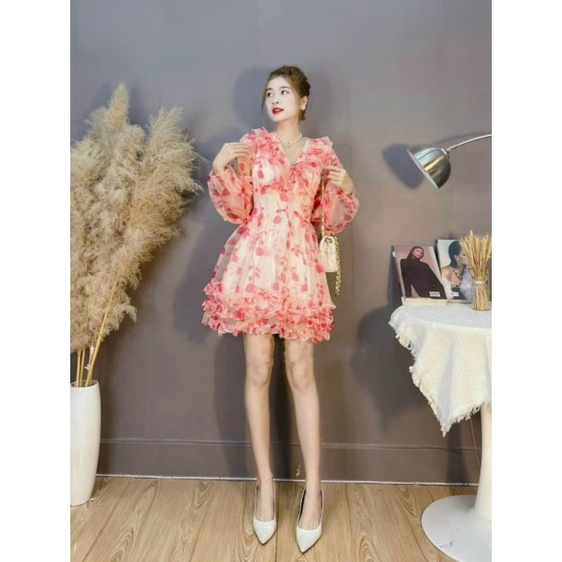 ĐẦM VOAN HOA TAY DÀI ĐAN DÂY XẾP TẦNG