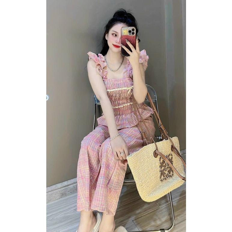 Sét bộ xốp caro áo tay bèo mocking viền dây trắng và quần ống suông
