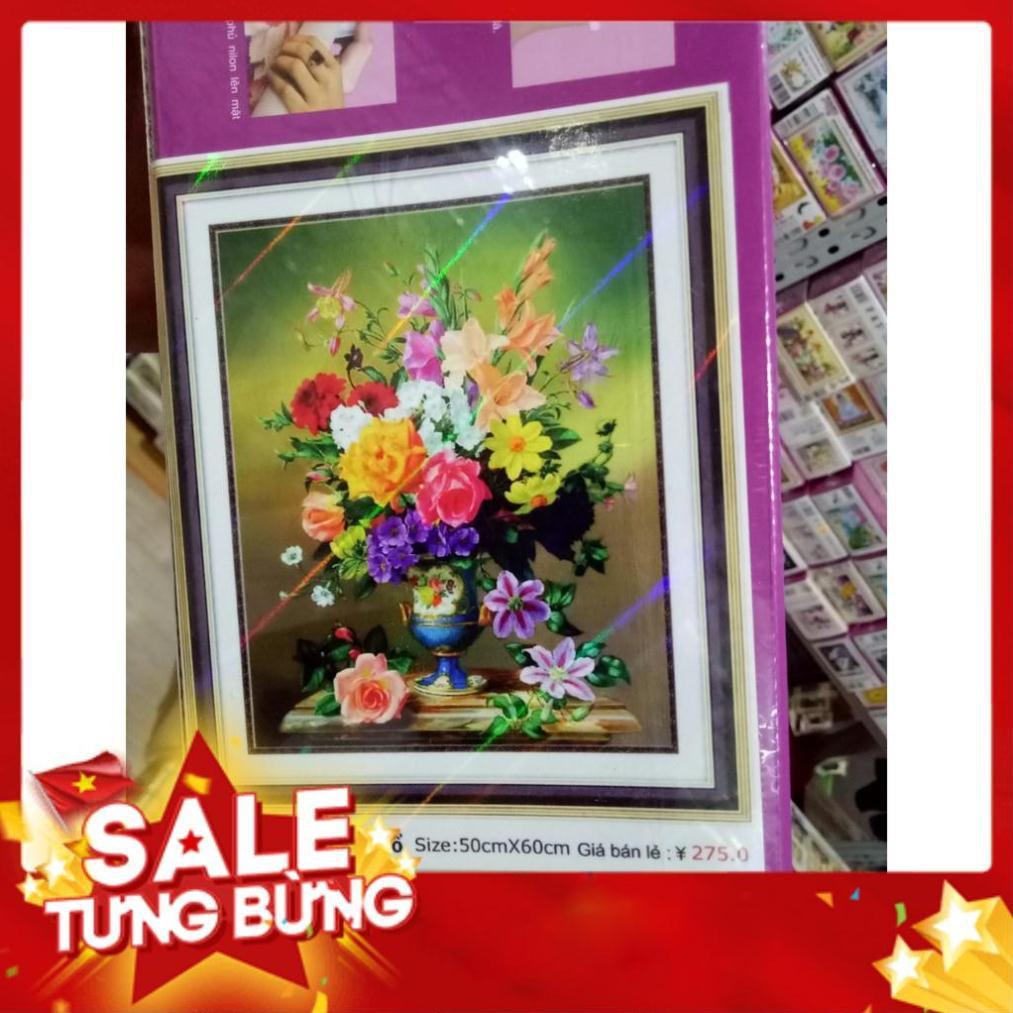 Tranh đính đá bình hoa khoe sắc kiểu Tranh cổ KT 50x60cm