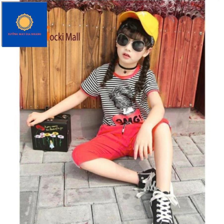 Đồ bộ quần áo thun bé gái áo in sọc, kiểu quần lửng thời trang - Xưởng may - Gia Khang.