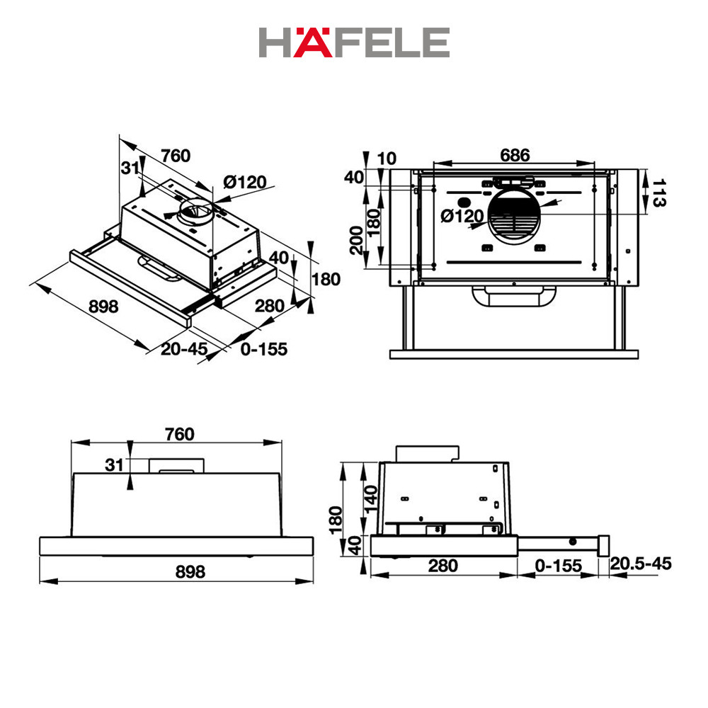 Máy Hút Mùi Âm Tủ Hafele HH-TI90D HH-TI90D (90cm) - 539.81.085 Xuất Xứ Châu Âu Kèm Than Hoạt Tính (Hàng chính hãng)