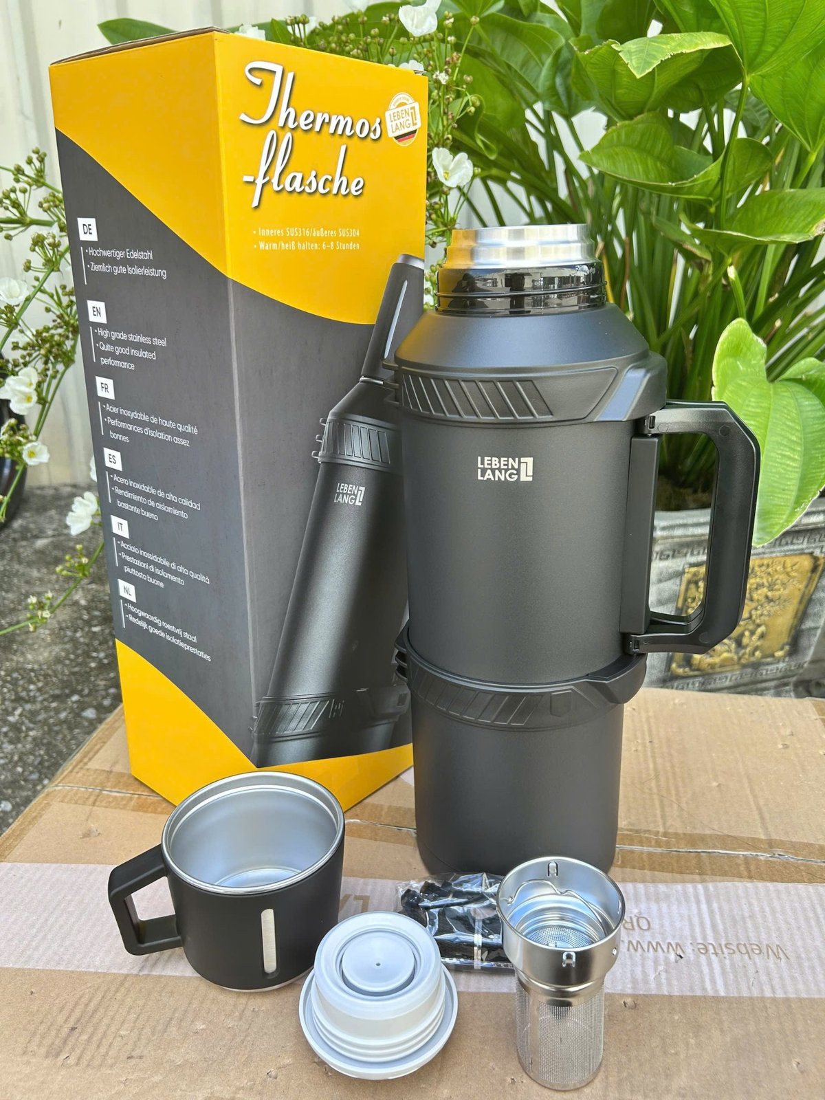 Bình giữ nhiệt Inox 316 Lê Bên Làng LBL3026/ LBL3025 dung tích 4L/ 6L có lõi lọc trà và dây đeo