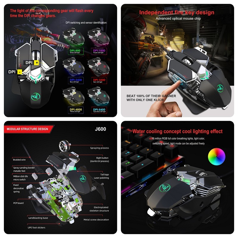 Chuột cơ gaming led RGB 6400DPI - J600B mechanical Gaming mouse