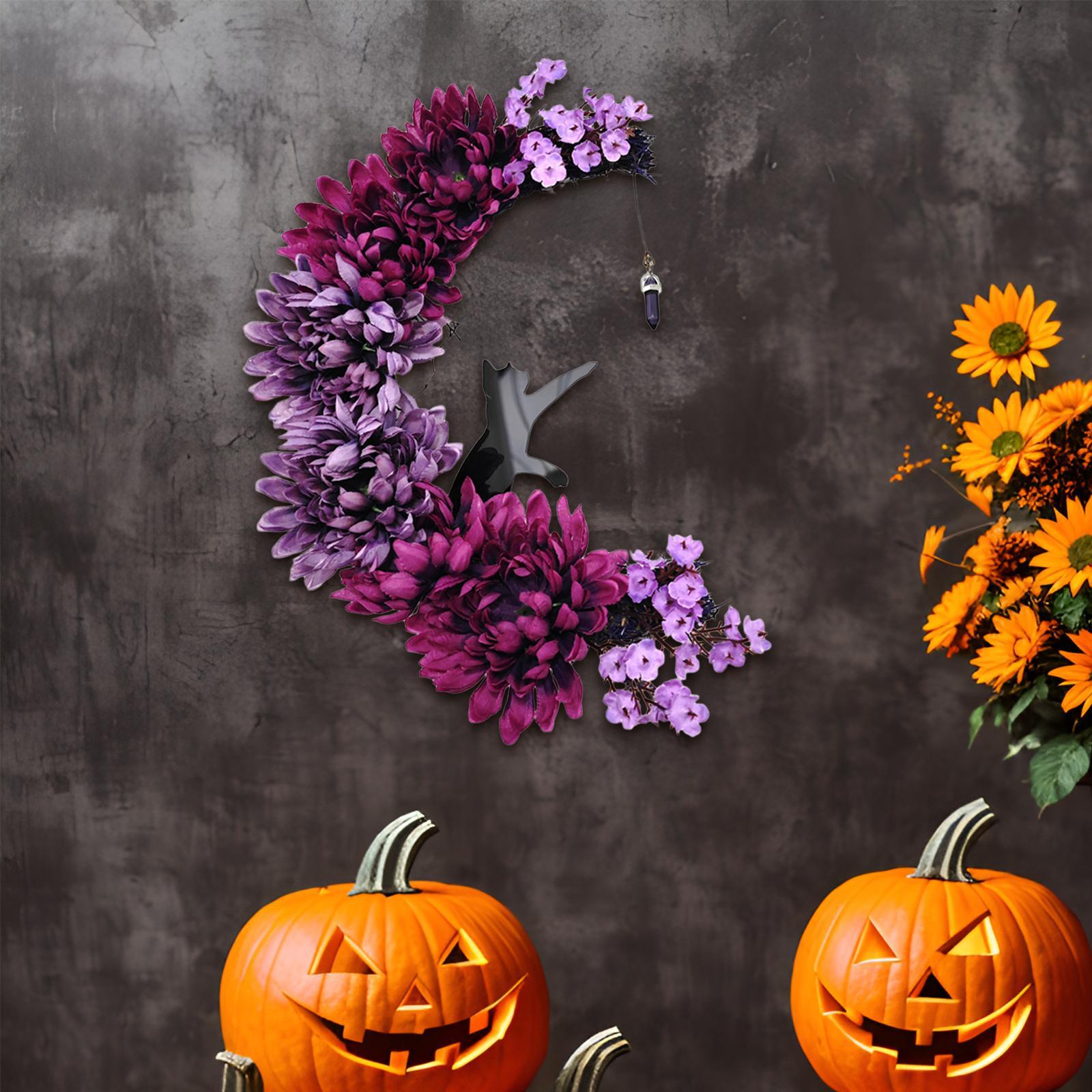 Halloween Moon and Cat Hanging Garland Wreath Decoration 35x25cm for Front Door