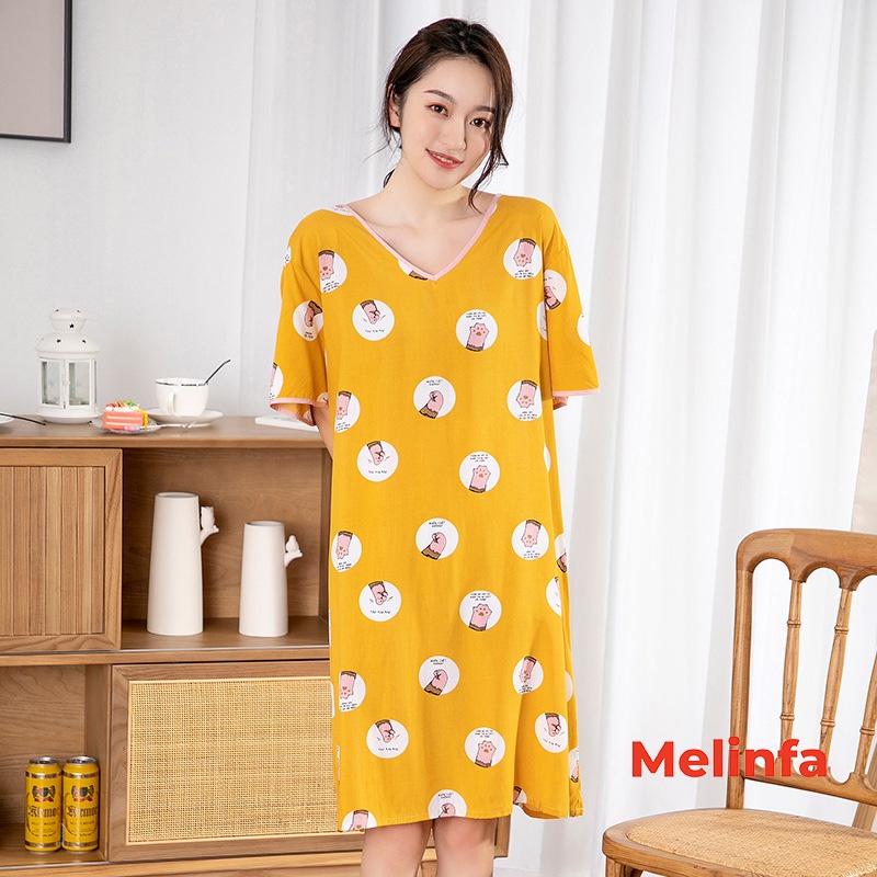 Váy ngủ ngắn tay, đầm mặc nhà cổ V gợi cảm freesize vải lanh cotton lụa tự nhiên thoáng mát nhiều màu mã VAV0270