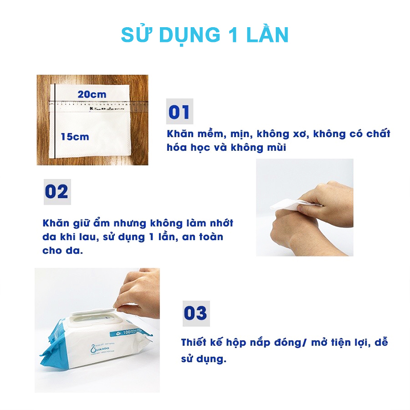 Khăn giấy ướt không mùi, Khăn ướt cho bé Likado chính hãng mềm mịn an toàn cho bé (hộp 100 miếng) – SKH010