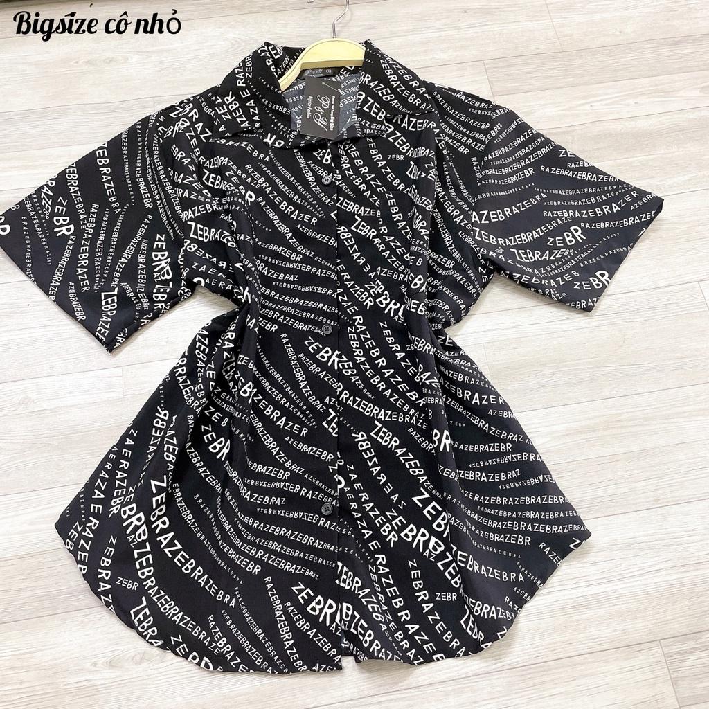 Áo sơ mi bigsize nữ tay ngắn có họa tiết chữ xéo chất lụa SMHT CHU - Màu đen