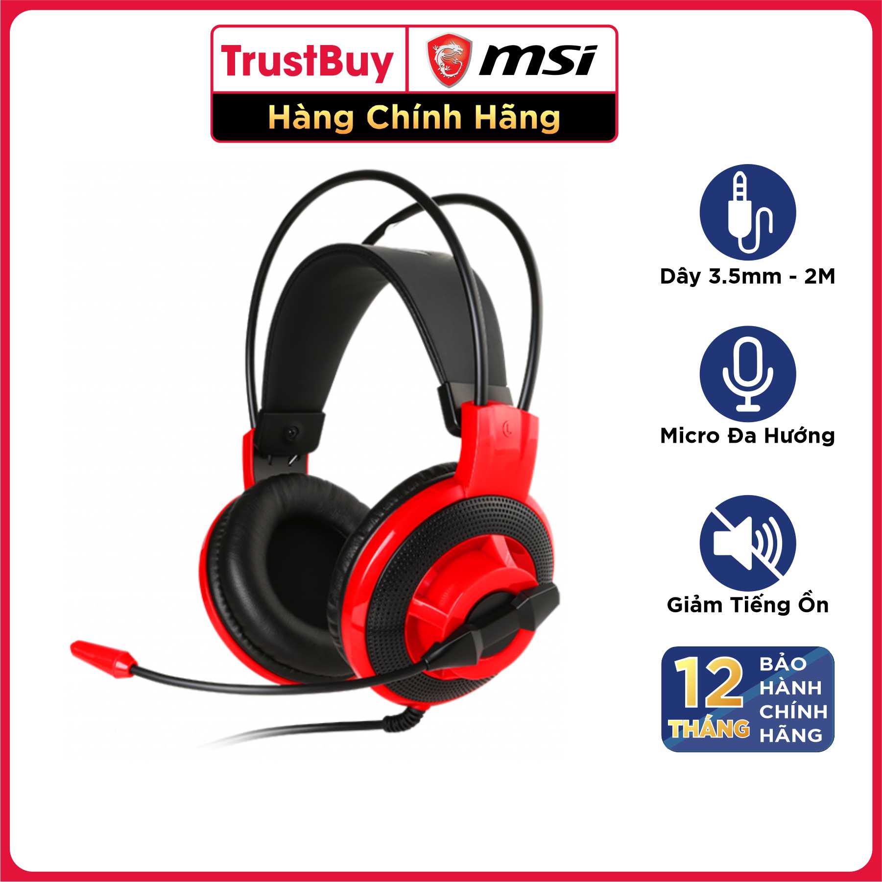 Tai Nghe Chụp Tai Gaming MSI DS501 Âm Thanh 7.1, Tích Hợp Mic, Dây Cắm USB Dài 2.1M - Hàng Chính Hãng