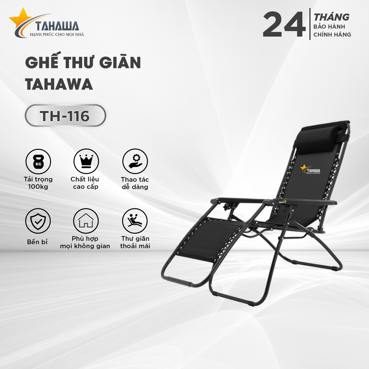 Ghế xếp gấp gọn TAHAWA TH-116. Có thể gấp gọn, có thể ngã thành giường, chất liệu khung sắt sơn tĩnh điện, vải lưới texilent chất lượng cao - Bảo hành chính hãng 12 tháng, 1 đổi 1 trong 7 ngày