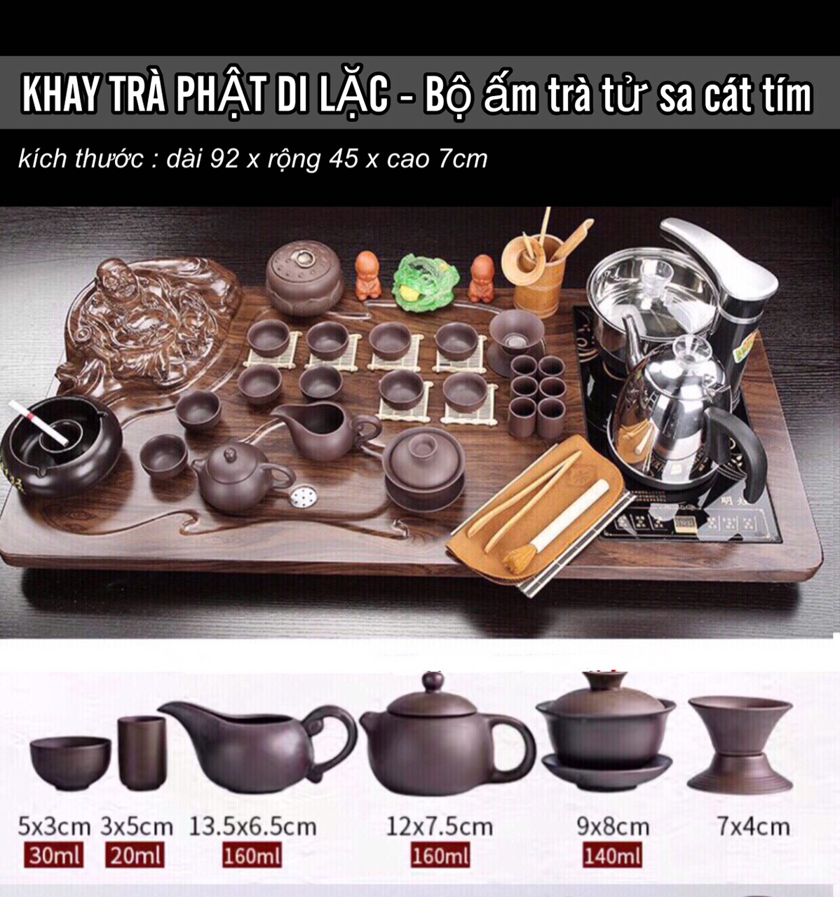Bàn trà điện gỗ đa năng tự động ,phật di lặc 0917 ,Bếp đun nước inox cảm ứng thông minh kèm ấm chén trà đạo độc lạ gốm sứ tuỳ chọn ,sản phẩm bao gồm một bộ như hình