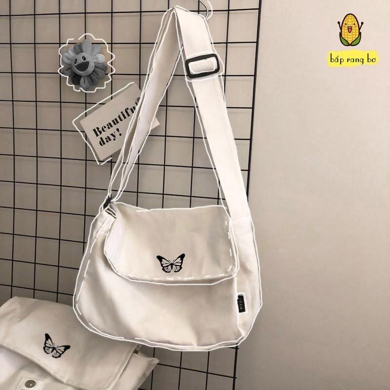 Túi tote vải Canvas đeo chéo unisex nam nữ cỡ lớn đi học đi chơi Hình Bướm