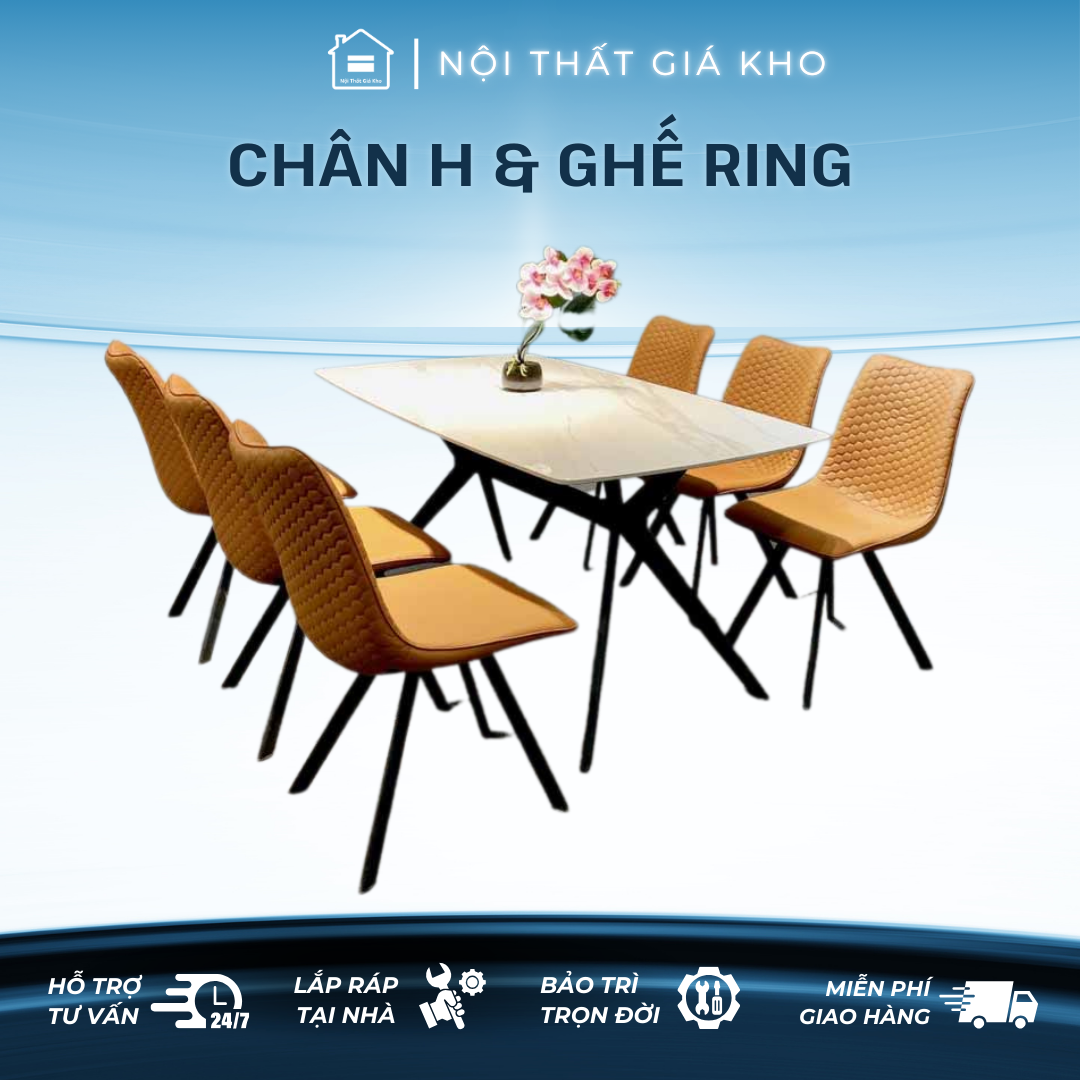 Bộ bàn ăn mặt đá Ceramic bóng chân chữ H kết hợp ghế Ring