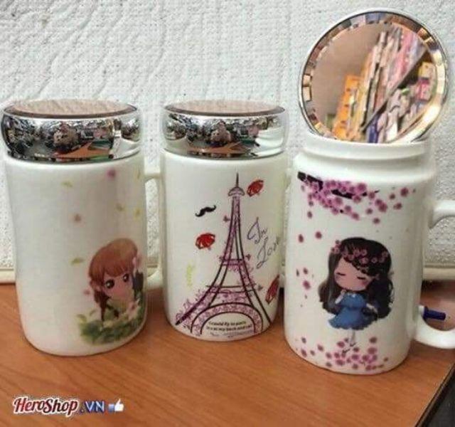 Cốc sứ giữ nhiệt có nắp đậy gương soi