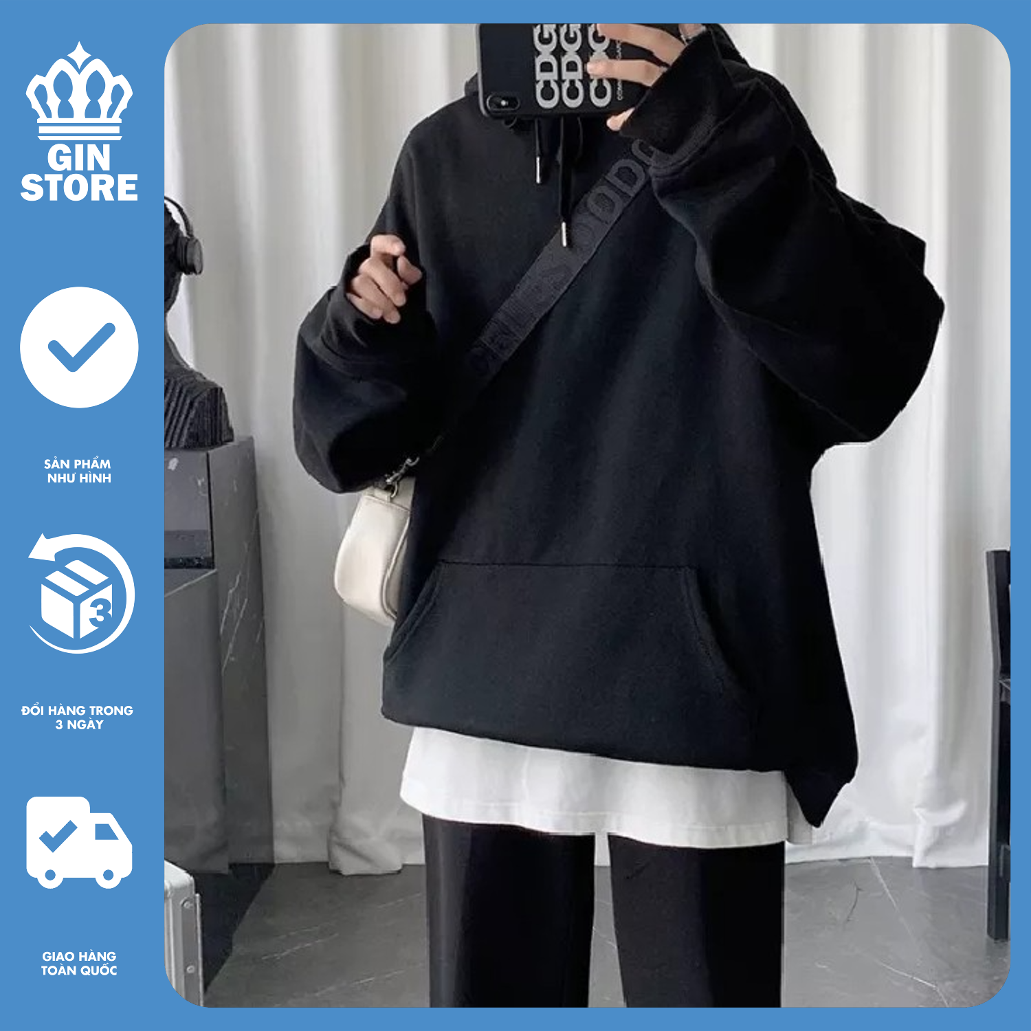 Hoodie đen trơn unisex, áo khoác hoodie basic - Gin Store