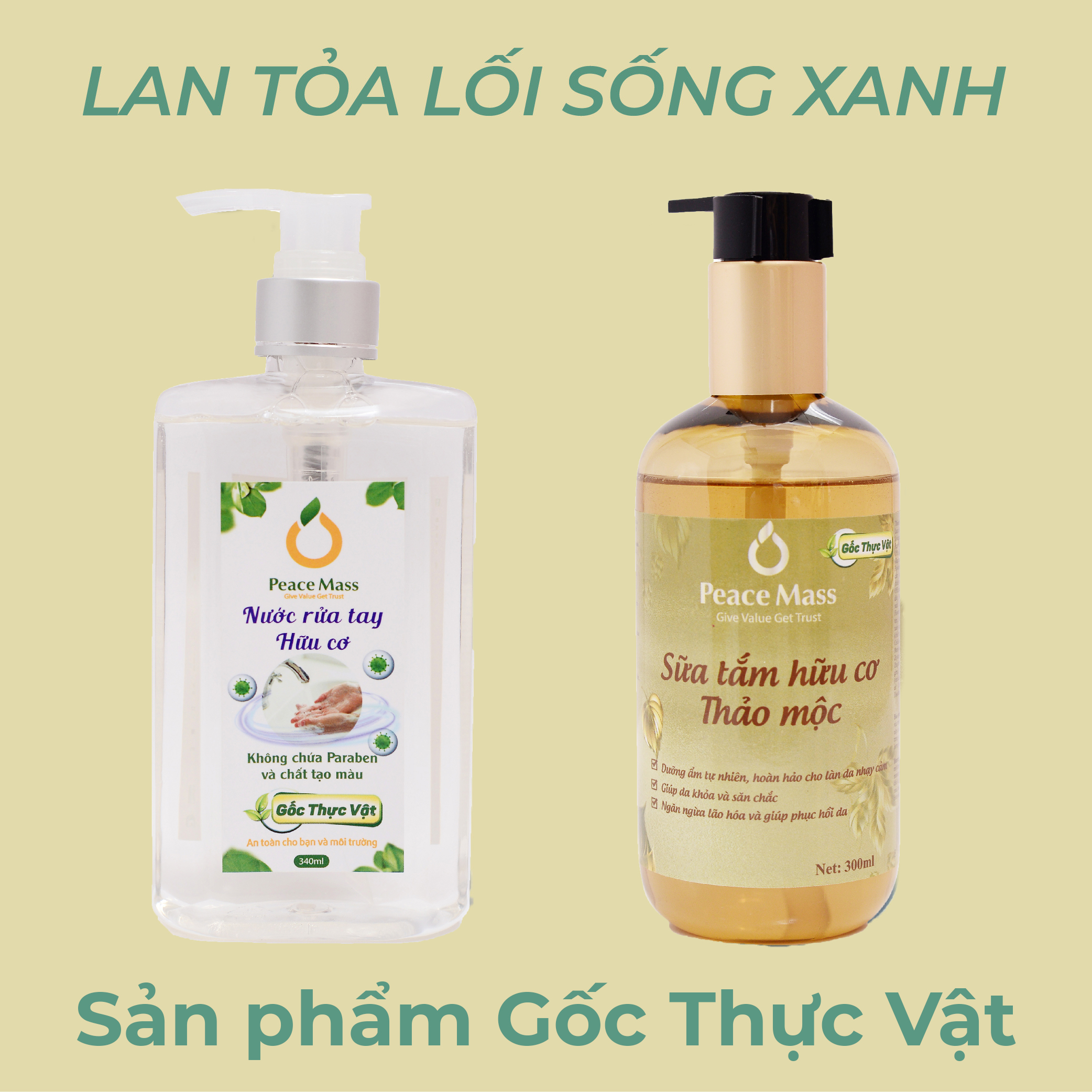 Combo Sản Phẩm Gốc Thực Vật STC1 Peace Mass - Sữa Tắm Thảo Mộc 300ml + Nước Rửa Tay 340ml  (Thuộc nhóm Sản phẩm Lành tính / Hữu cơ)