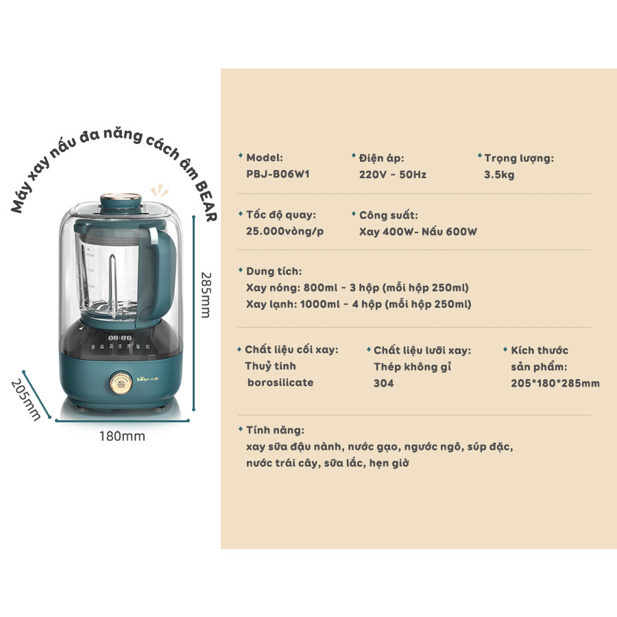 [Hàng Chính Hãng]Máy xay, nấu sữa hạt Bear PBJ-B06W1 màu xanh cổ vịt, xay, nấu nhiều loại thực phẩm dễ dàng với 6 tính năng chọn sẵn: làm sữa hạt, nấu cháo, nấu súp, xay sinh tố, cối thủy tinh dày chịu nhiệt tốt, hộp chống ồn cách âm giảm rung hiệu quả